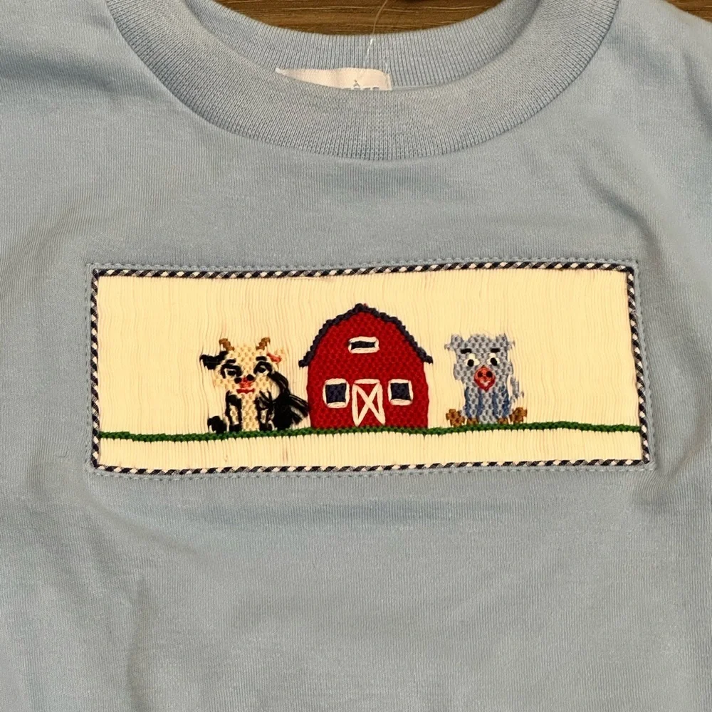 Vive La Fete Toddler Boy Hand Smocked Long Sleeve Farm Shirt Light Blue 3T NWT